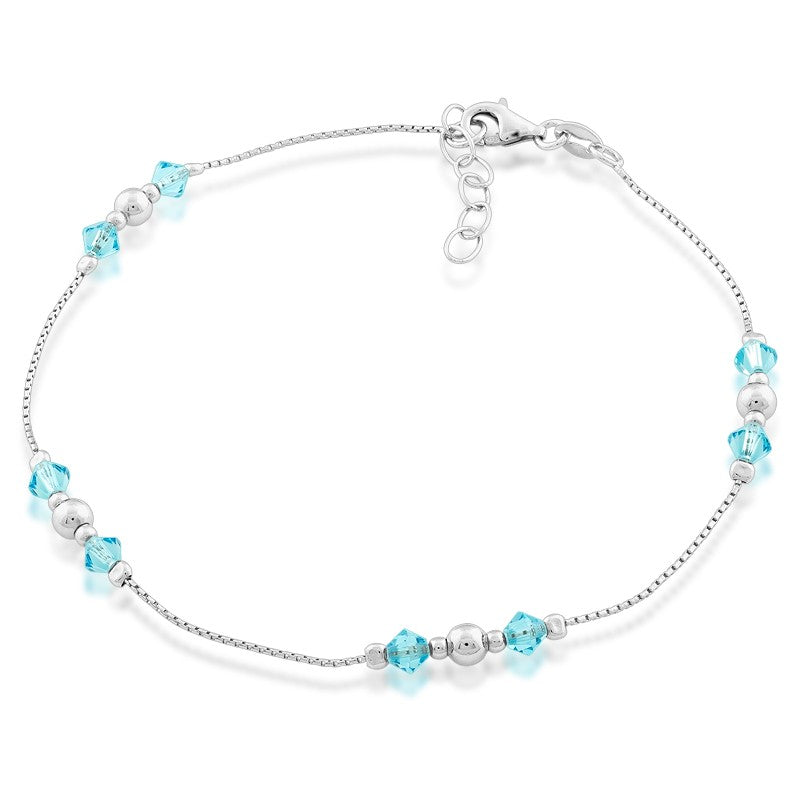 Sterling Silver Beads with Blue Crystals Anklet