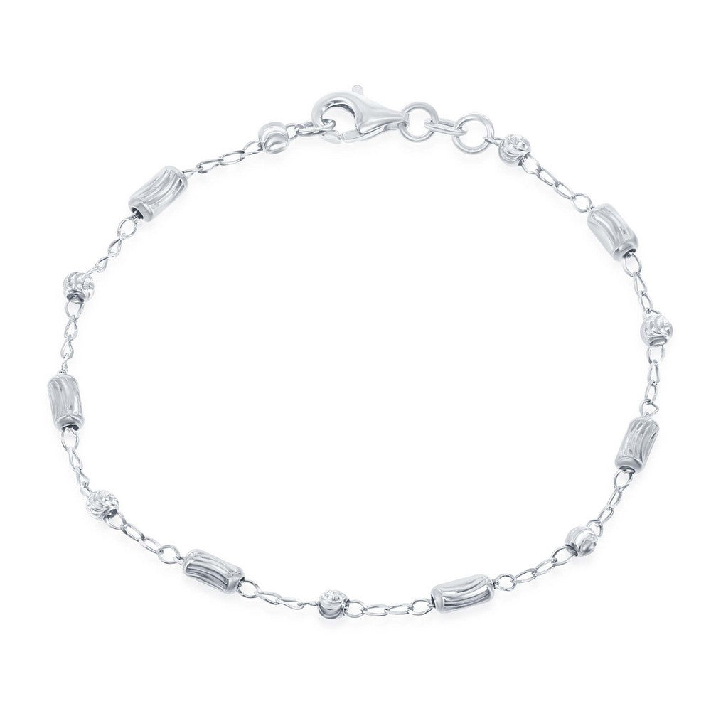 Sterling Silver, Diamond Cut Small Bar and Bead Anklet