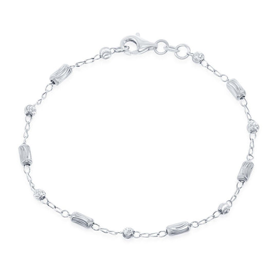 Sterling Silver, Diamond Cut Small Bar and Bead Anklet