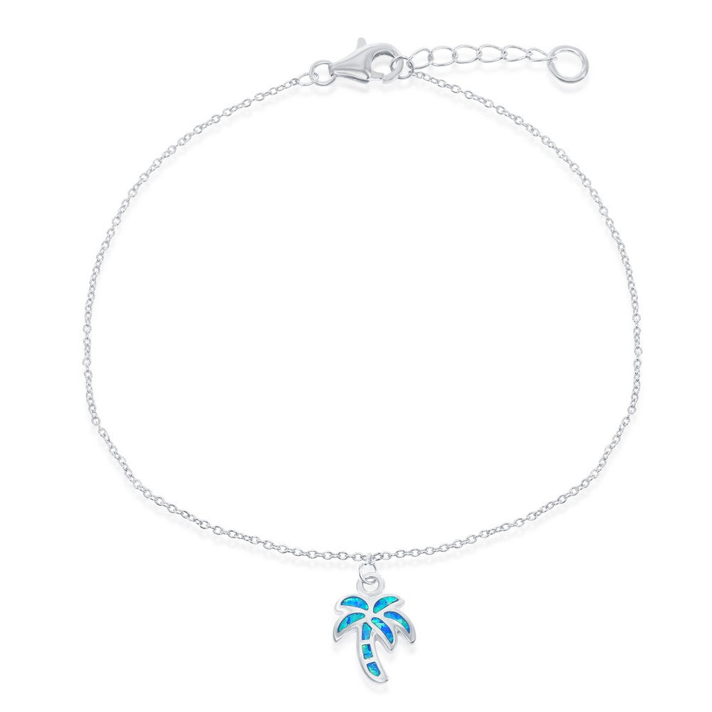 Sterling Silver, Blue Inlay Opal Palm Tree Anklet