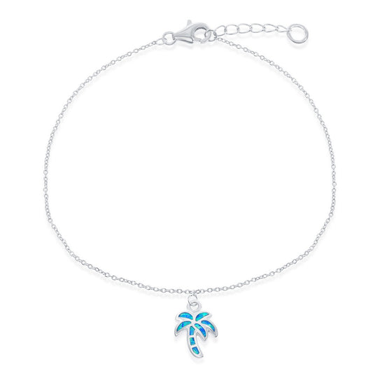Sterling Silver, Blue Inlay Opal Palm Tree Anklet