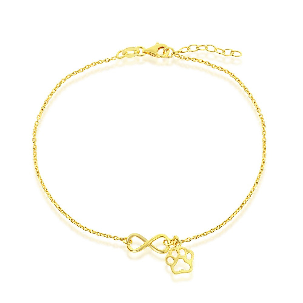 Sterling Silver, Infinity with Paw Print Charm Anklet - Gold Plated