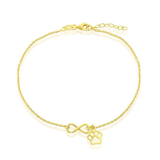 Sterling Silver, Infinity with Paw Print Charm Anklet - Gold Plated