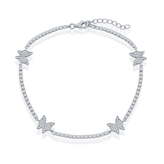 Sterling Silver, Butterfly CZ Tennis Anklet