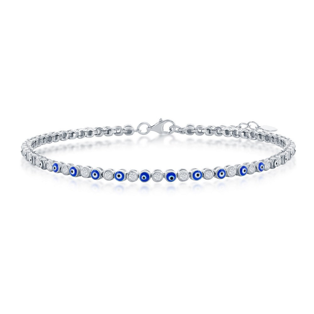 Sterling Silver, Alternating Evil Eye and CZ Tennis Anklet