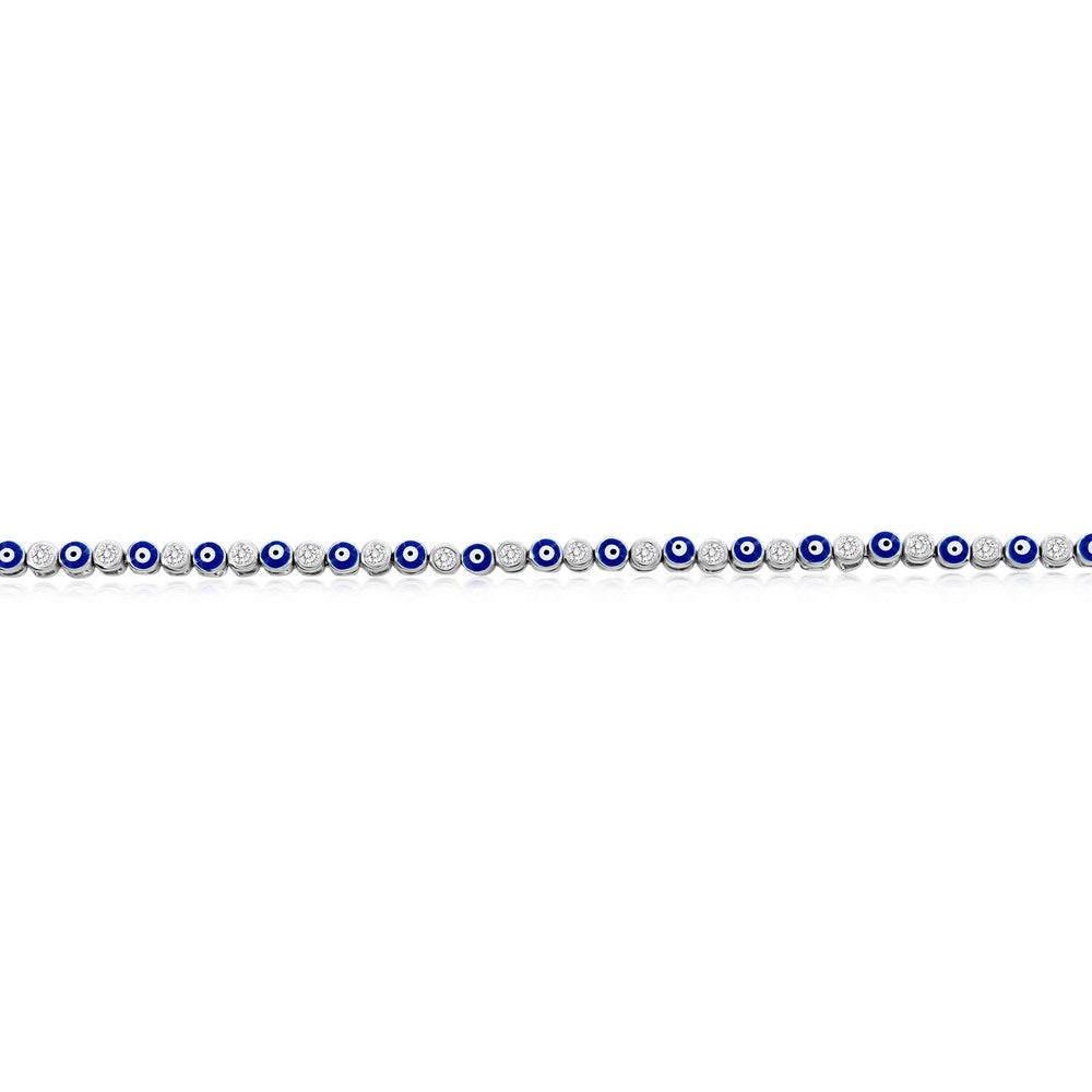 Sterling Silver, Alternating Evil Eye and CZ Tennis Anklet
