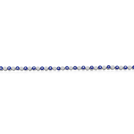 Sterling Silver, Alternating Evil Eye and CZ Tennis Anklet