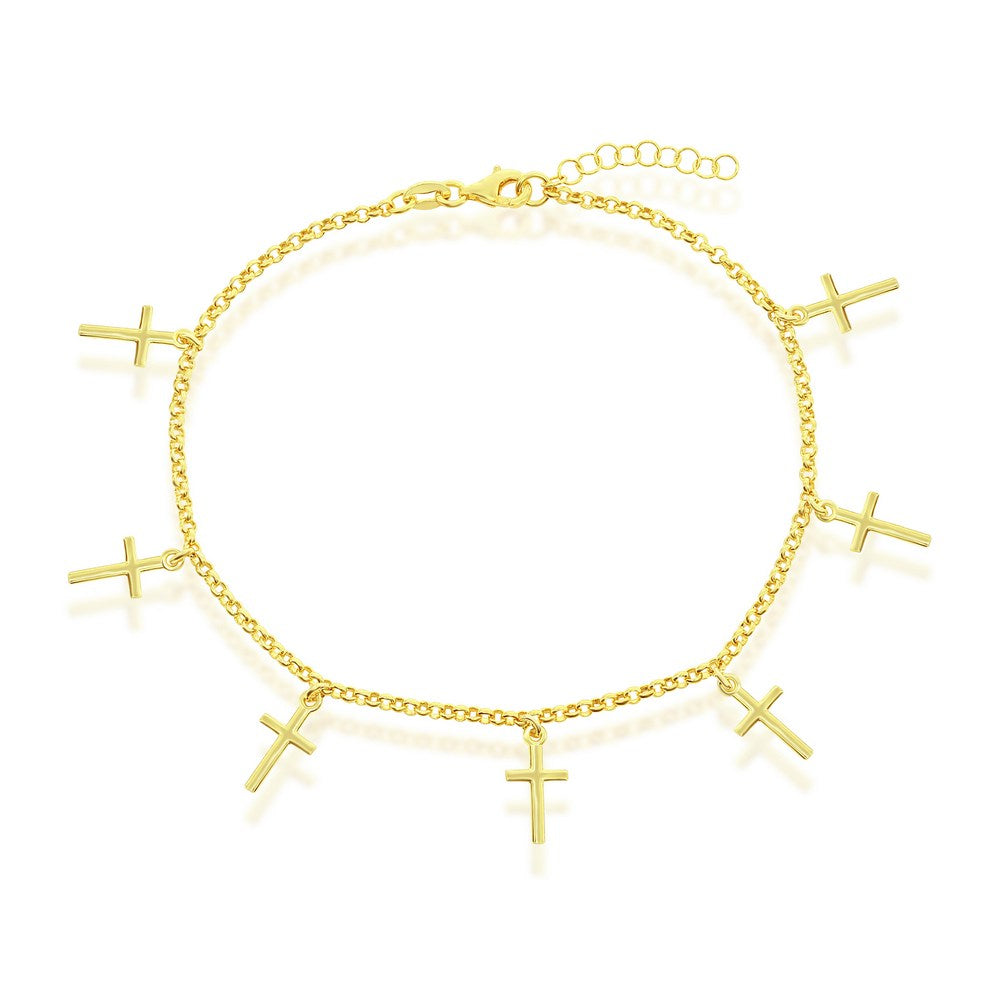 Sterling Silver, Cross Charms Rolo Chain Anklet - Gold Plated