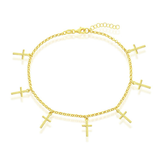Sterling Silver, Cross Charms Rolo Chain Anklet - Gold Plated