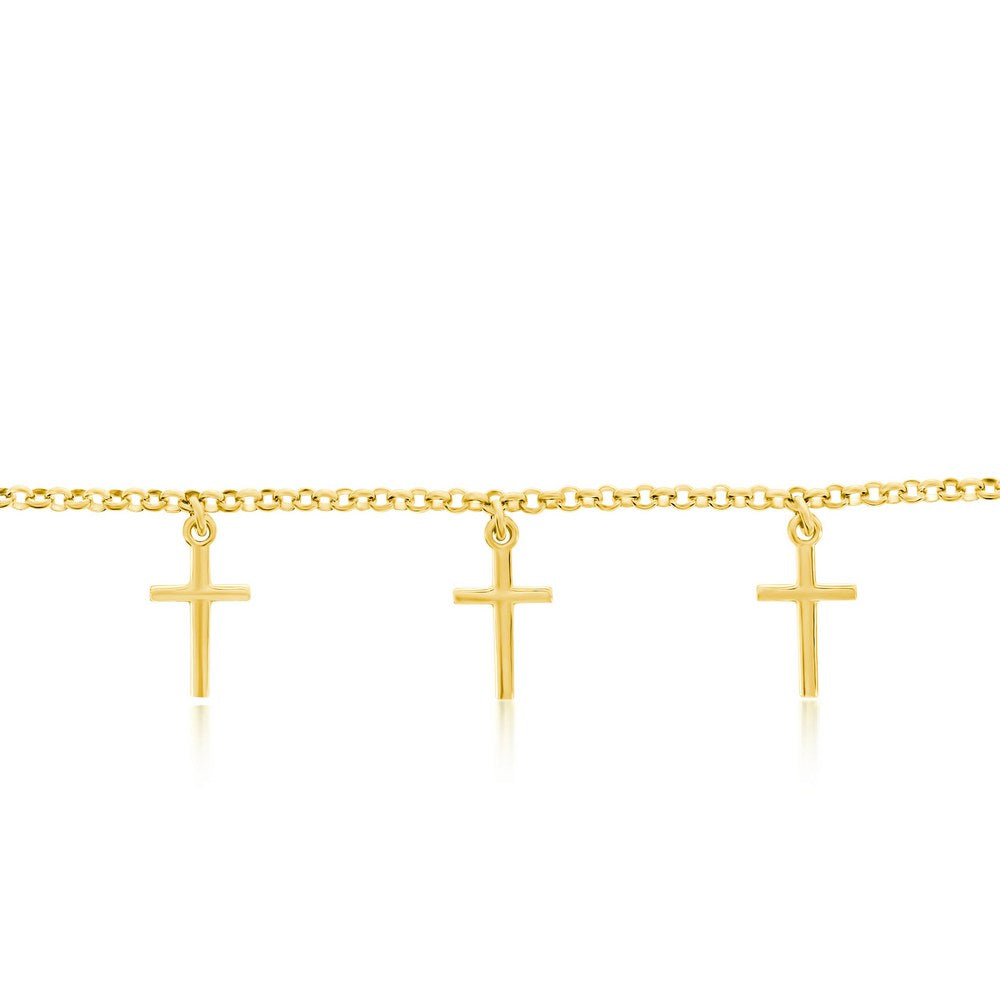 Sterling Silver, Cross Charms Rolo Chain Anklet - Gold Plated