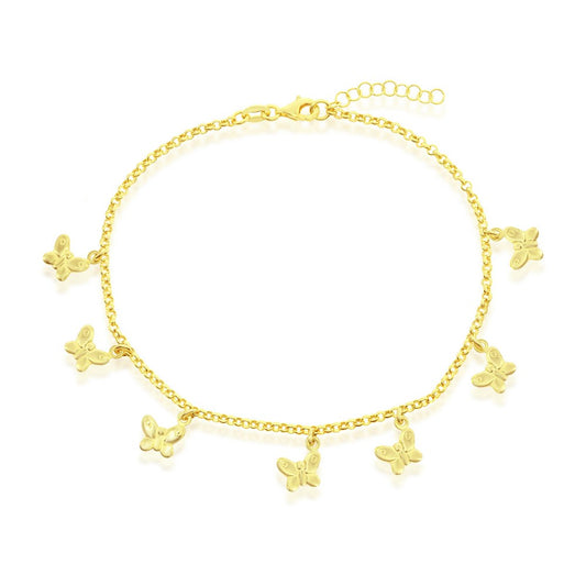 Sterling Silver, Butterfly Charm Rolo Chain Anklet - Gold Plated