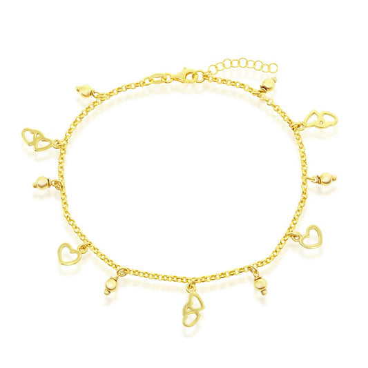 Sterling Silver, Hearts & Beads Charms Rolo Chain Anklet - Gold Plated