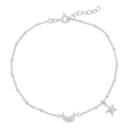 Sterling Silver Crescent Moon & Star Beaded Anklet