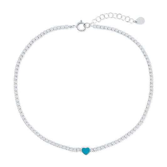 Sterling Silver, Enamel Heart, CZ Tennis Anklet - Turquoise