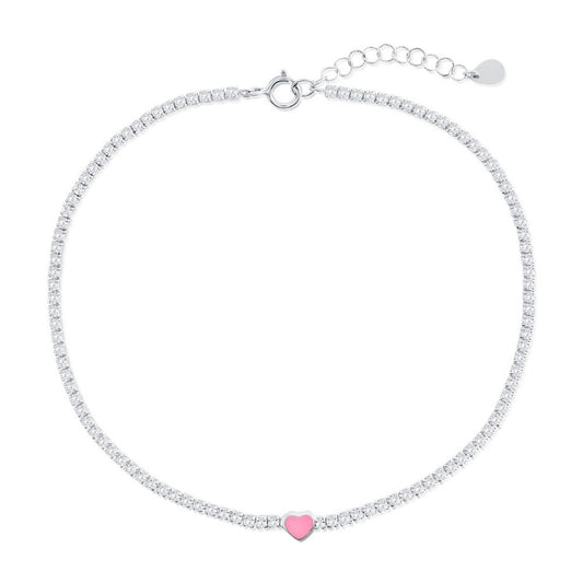 Sterling Silver, Enamel Heart, CZ Tennis Anklet - Pink