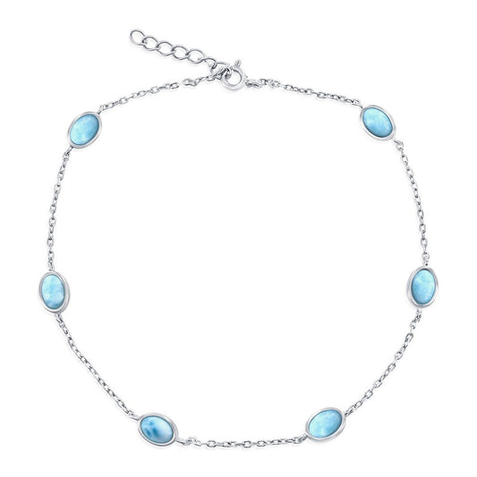 Sterling Silver, Oval Larimar Anklet