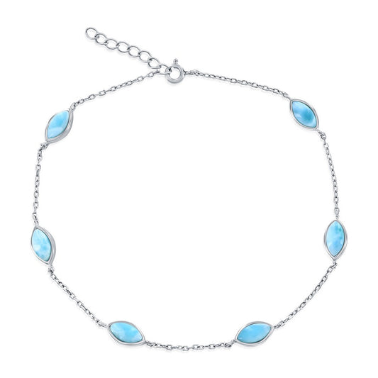 Sterling Silver, Marquise Larimar Anklet
