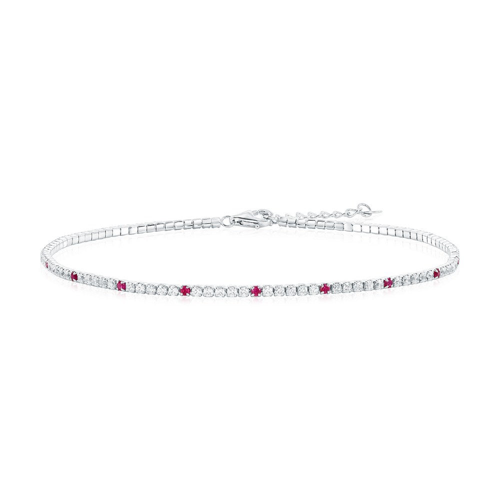 Sterling Silver, Round CZ Tennis Anklet - Ruby