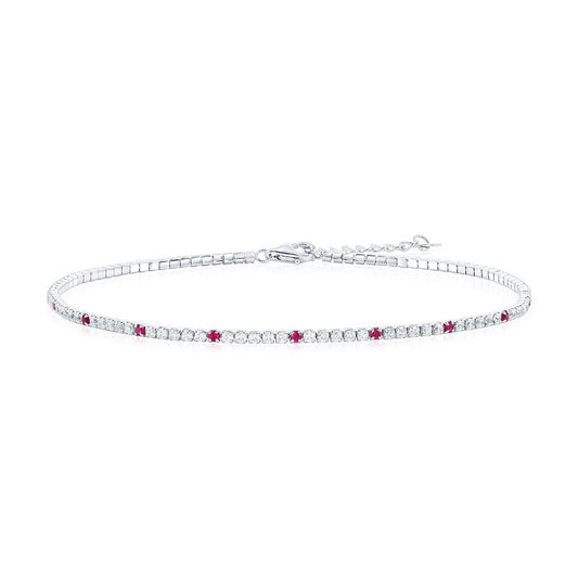 Sterling Silver, Round CZ Tennis Anklet - Ruby