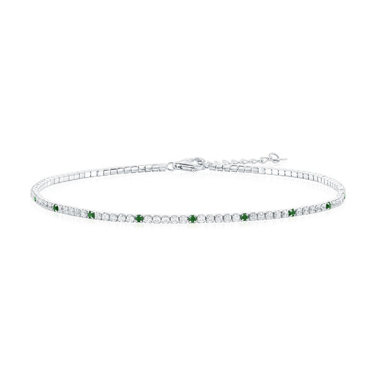 Sterling Silver, Round CZ Tennis Anklet - Emerald