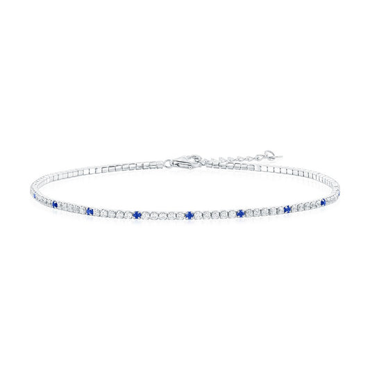 Sterling Silver, Round CZ Tennis Anklet - Sapphire