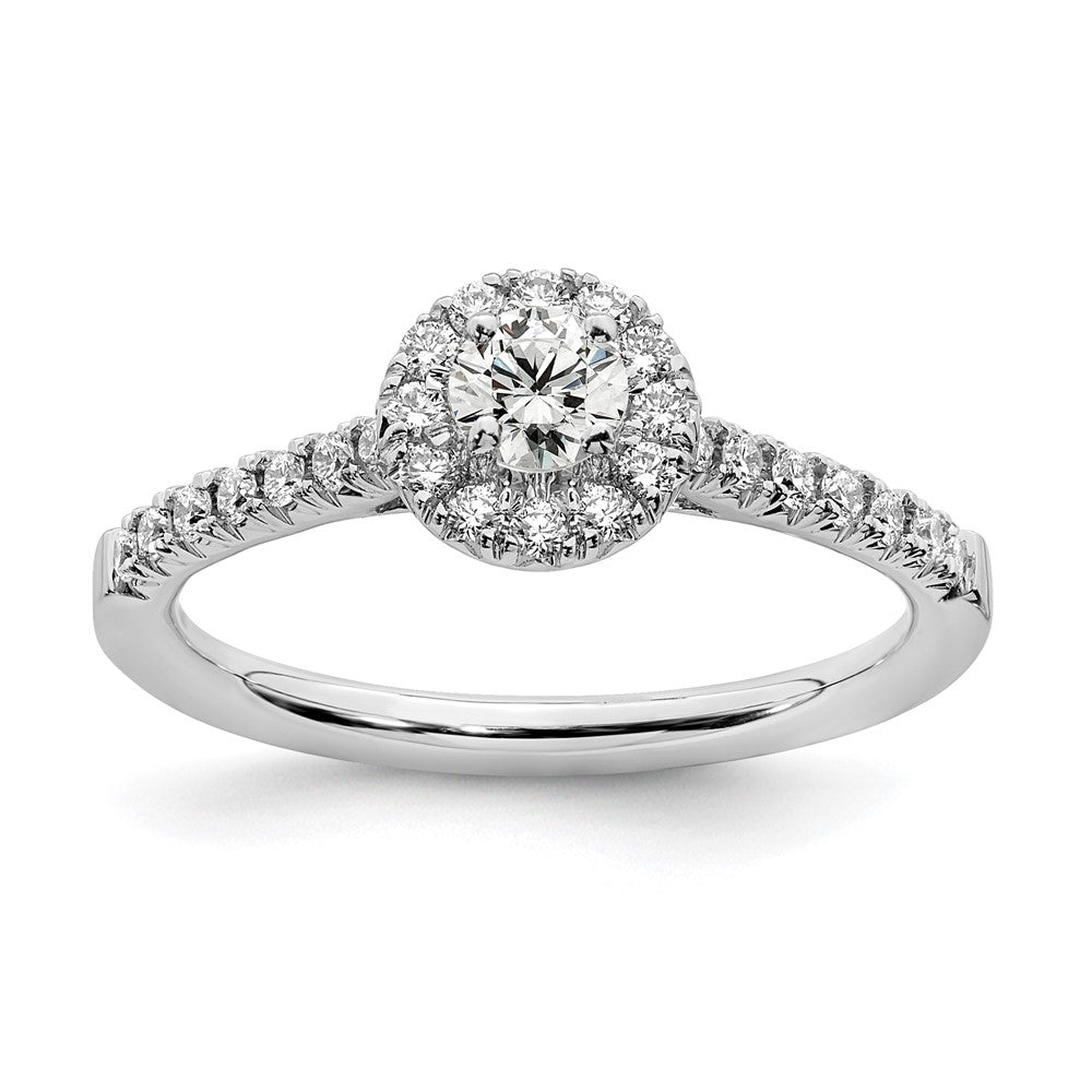 14k White Gold 1/2ct Lab Grown Dia VS/SI+ G+ Round Comp Halo Eng Ring