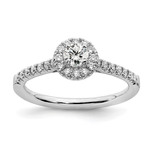 14k White Gold 1/2ct Lab Grown Dia VS/SI+ G+ Round Comp Halo Eng Ring