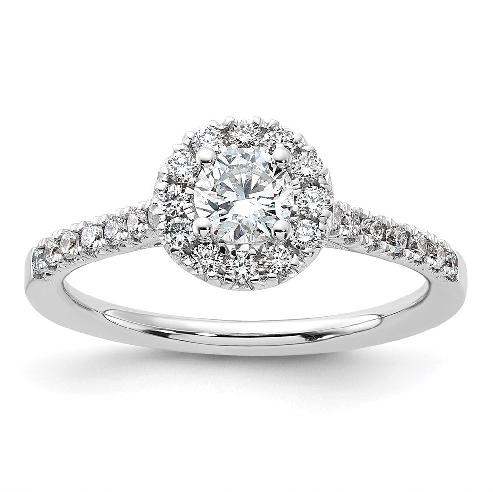 14k White Gold 3/4ct Lab Grown Dia VS/SI+ G+ Round Comp Halo Eng Ring