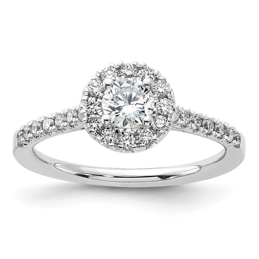 14k White Gold 3/4ct Lab Grown Dia VS/SI+ G+ Round Comp Halo Eng Ring