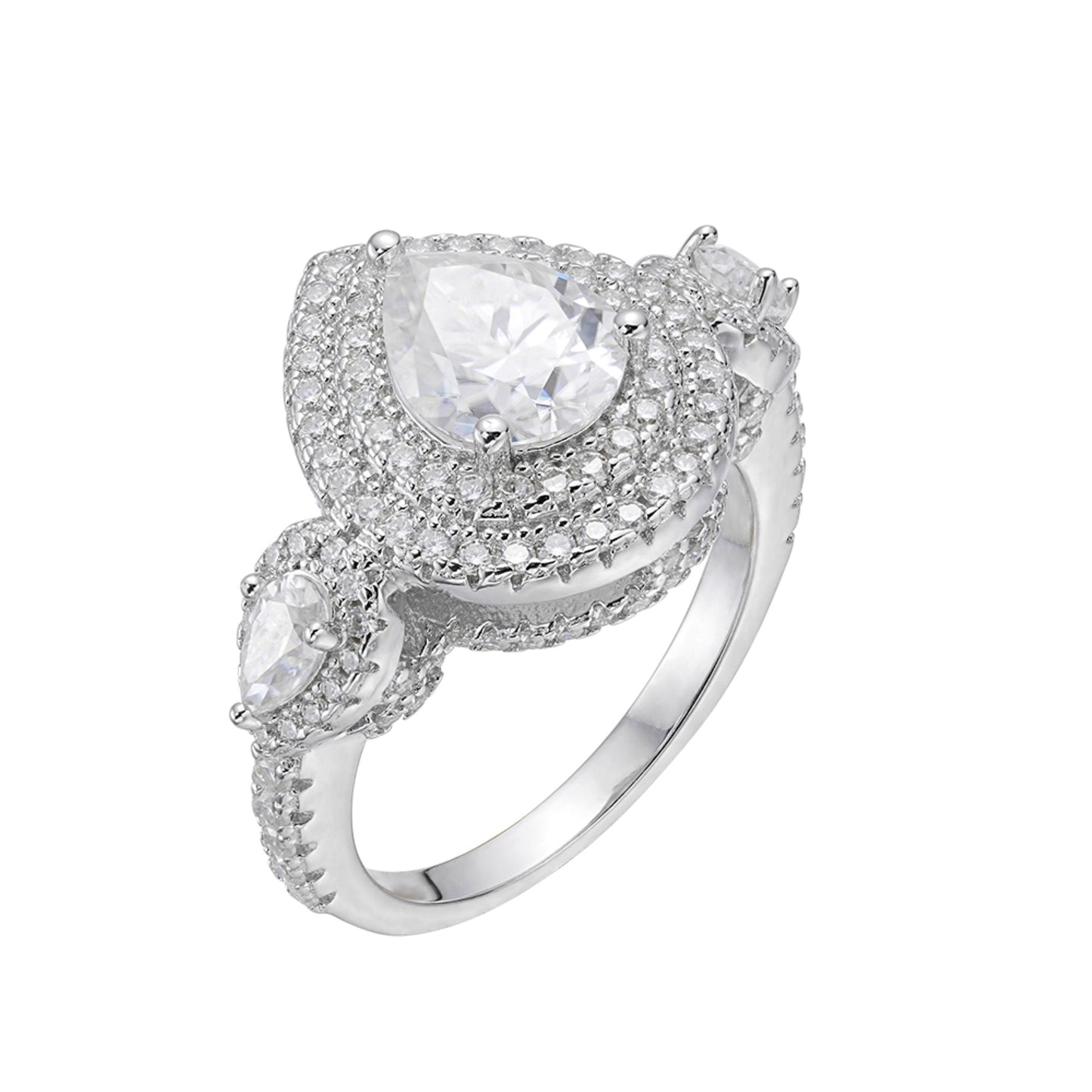 S.Silver Round shape 1.14 Cttw and Pear shape 2.76 Cttw Moissanite Halo Designer Sz 7 Womens Ring RP