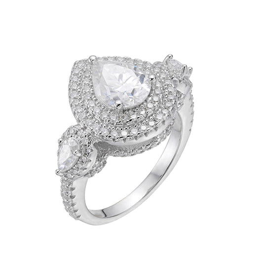 S.Silver Round shape 1.14 Cttw and Pear shape 2.76 Cttw Moissanite Halo Designer Sz 7 Womens Ring RP