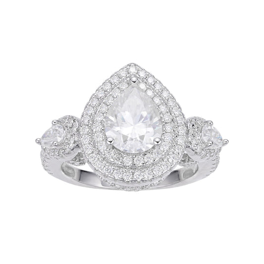 S.Silver Round shape 1.14 Cttw and Pear shape 2.76 Cttw Moissanite Halo Designer Sz 7 Womens Ring RP