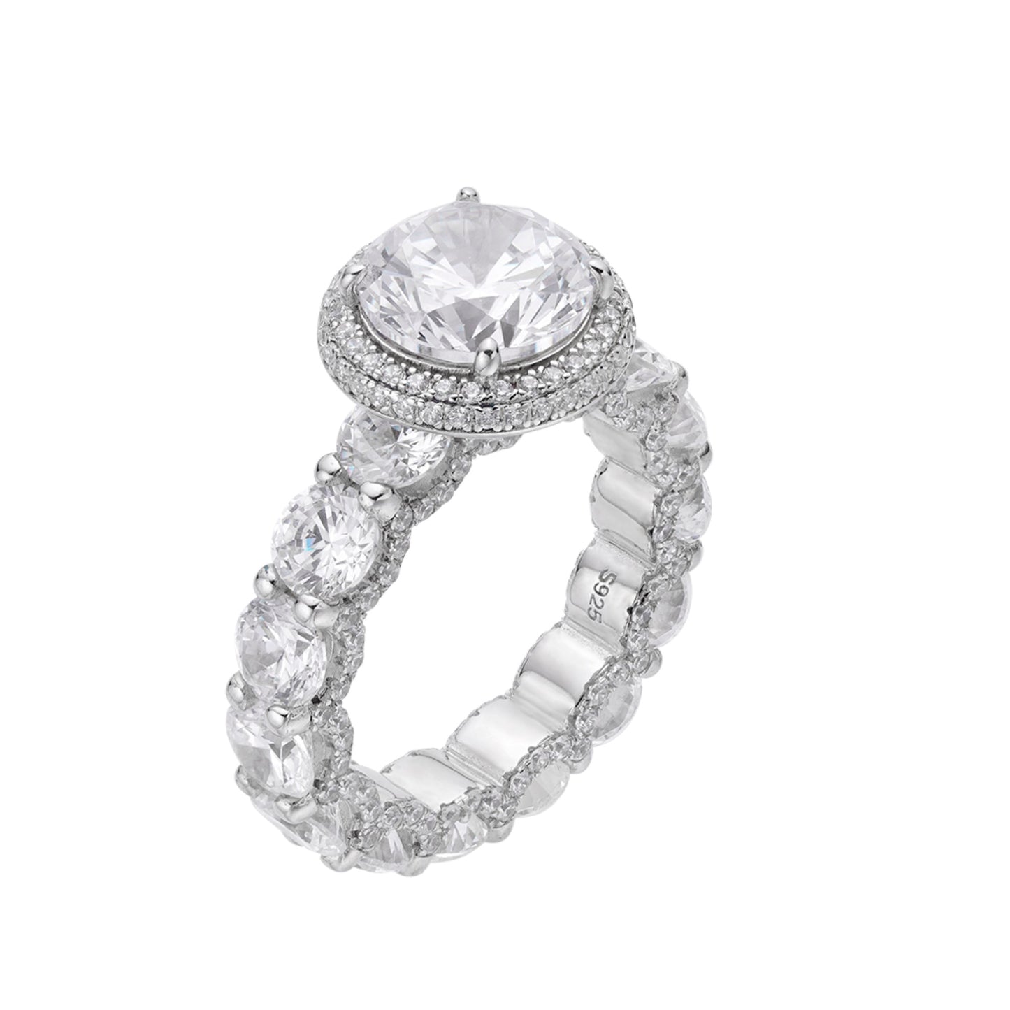 S.Silver 10mm Round Big Stone 4 CT, Baguette Stone 4.33 Cttw and Round Small Stone 1.15 Cttw Moissanite Halo Designer Sz 7 Womens Ring RP