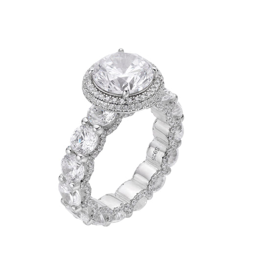 S.Silver 10mm Round Big Stone 4 CT, Baguette Stone 4.33 Cttw and Round Small Stone 1.15 Cttw Moissanite Halo Designer Sz 7 Womens Ring RP