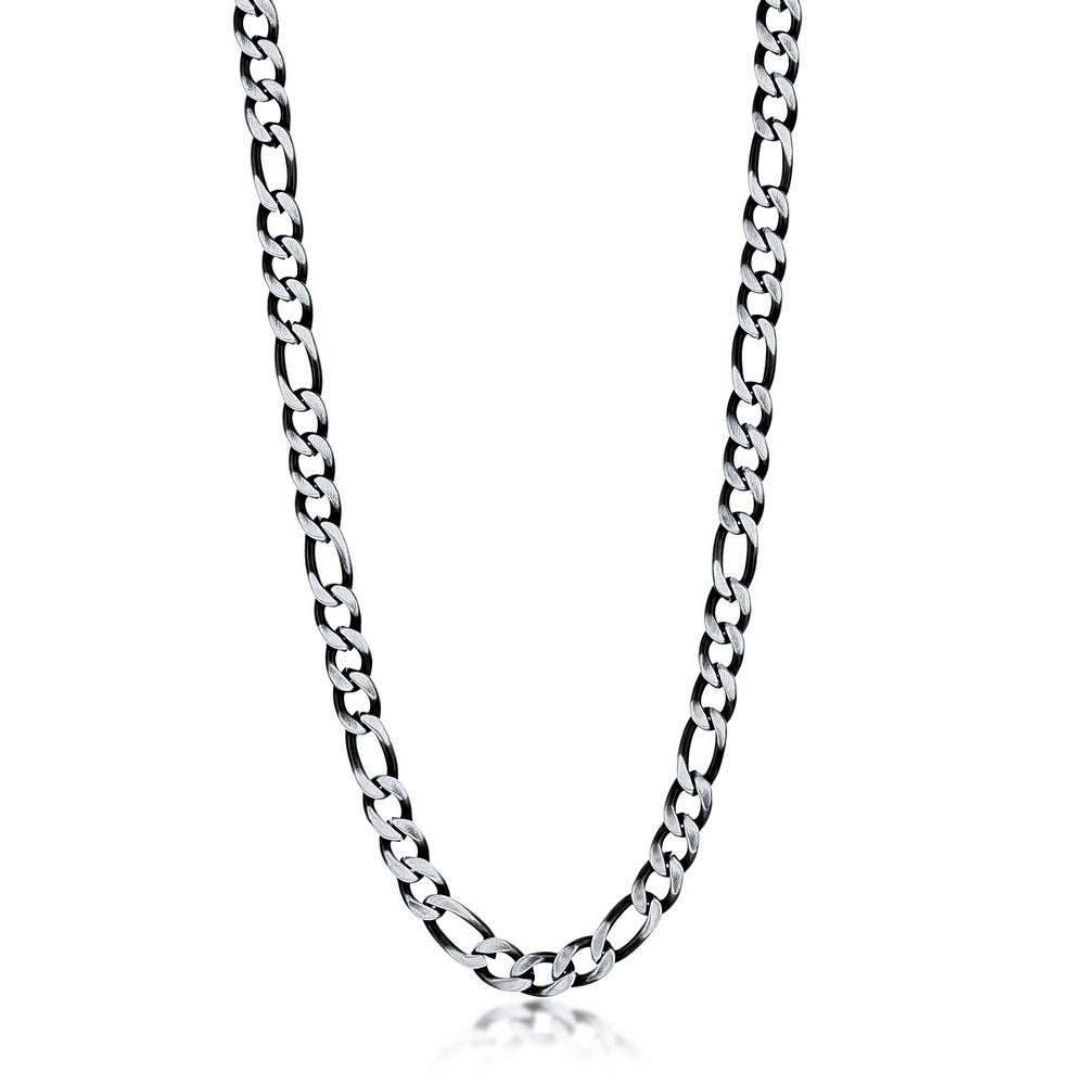 Stainless Steel 7mm Figaro Chain Necklace - Brushed & Black IP Plated