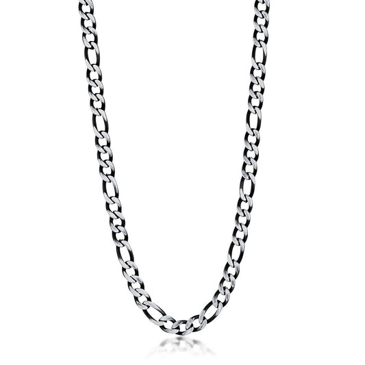 Stainless Steel 7mm Figaro Chain Necklace - Brushed & Black IP Plated