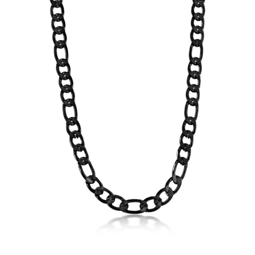 Stainless Steel 8mm Textured Figaro Chain Necklace - Black Plated