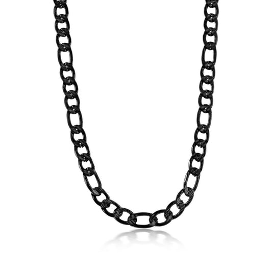 Stainless Steel 8mm Textured Figaro Chain Necklace - Black Plated