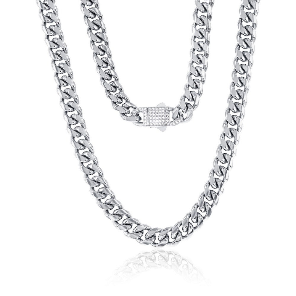 Stainless Steel, 12mm Miami Cuban, CZ Lock Necklace