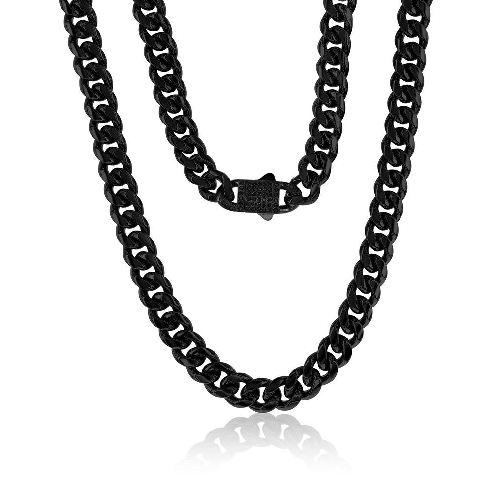 Stainless Steel, 12mm Miami Cuban, CZ Lock Necklace - Black Plated