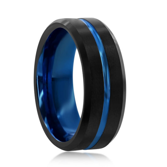 Matte Black & Polished Blue Stripe Tungsten Ring