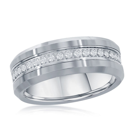 Polished Silver CZ Eternity Tungsten Band Ring