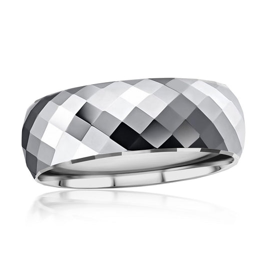 High Polished Diamond-Cut Faceted Tungsten Ring