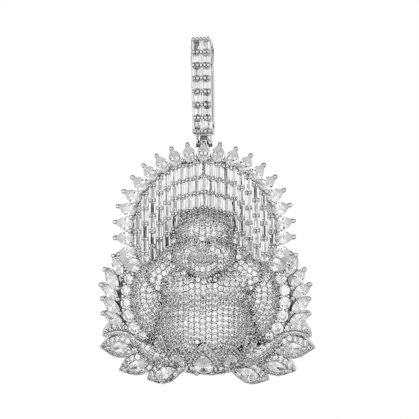 S.Silver Round Baguette Moissanite Buddha Pendant RP 23-5/8 Cttw