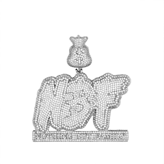 Sterling Silver Round Moissanite Nothing But Family Word Dollar Bag Pendant RP 18-1/3 Cttw