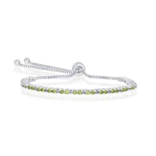 Sterling Silver, 2MM Peridot CZ 'August Birthstone' Tennis Adjustable Bolo Bracelet