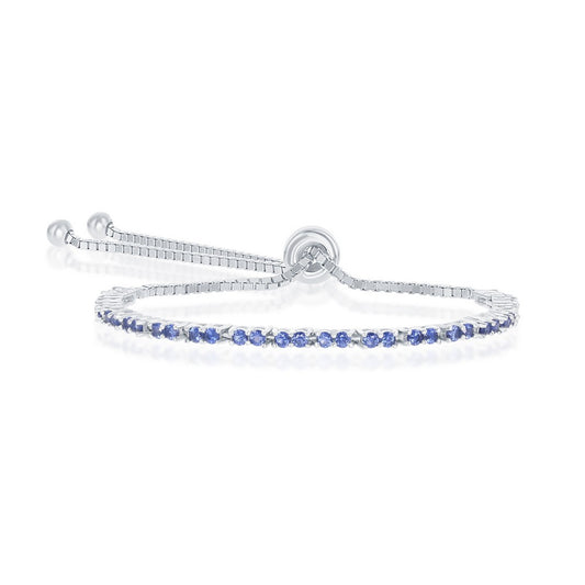 Sterling Silver, 2MM Sapphire CZ 'September Birthstone' Tennis Adjustable Bolo Bracelet