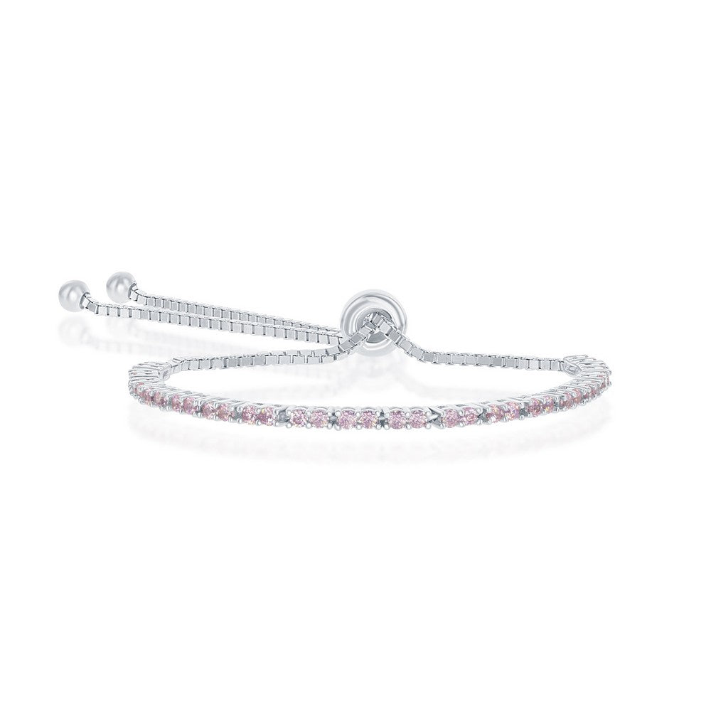 Sterling Silver, 2MM Pink CZ 'October Birthstone' Tennis Adjustable Bolo Bracelet