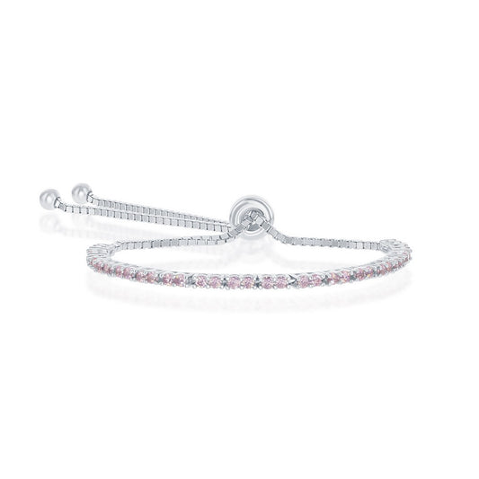 Sterling Silver, 2MM Pink CZ 'October Birthstone' Tennis Adjustable Bolo Bracelet
