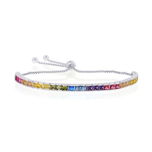 Sterling Silver Rainbow CZ Channel-Setting 4mm Adjustable Bolo Bracelet